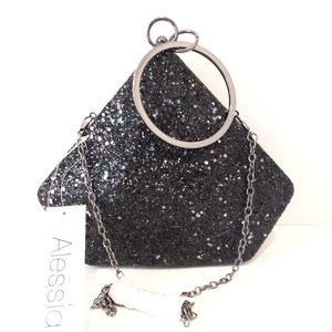 Alessia Black Glitter Metal Ring Handle Chain Strap Evening Clutch ShoulderBag